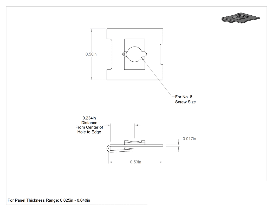 Teknik Çizim - Siyah Fosfat Kaplı Çelik Klipsli Somunlar, Düşük Profilli, Numara 8 Vida, 0.025" - 0.04" Panel Kalınlığı