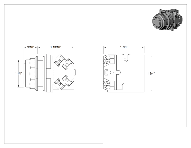 Teknik Çizim - 30 mm Panel Montajlı Anahtar, Metal, 7 Kapaklı, Çıkıntılı Basma Düğmesi, 2 Devre