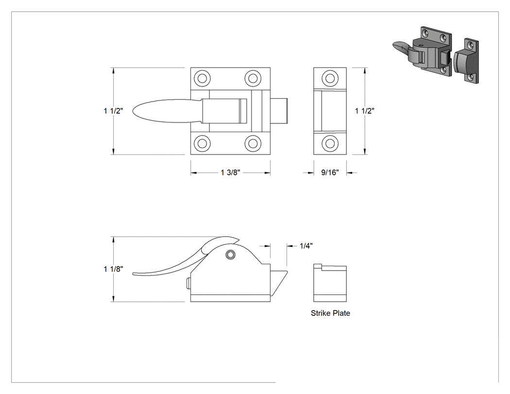 Teknik Çizim - Titreşime Dayanıklı Bas-Kapat Tipi Mandal, Kol Kollu, Krom Kaplı Pirinç, 1-1/2" Genişlik