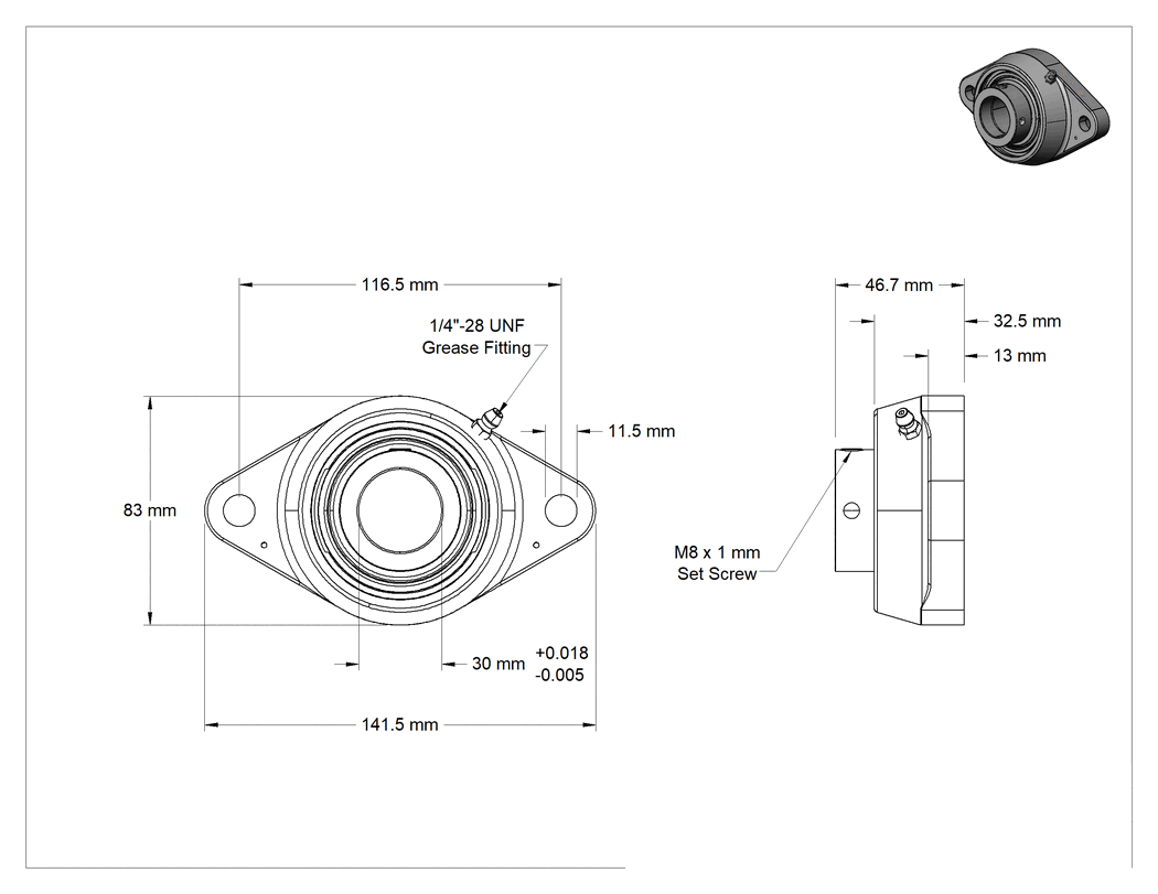 Teknik Çizim - İki Cıvatalı Flanşlı Montajlı Bilyalı Rulman, Demir Gövde, Eksantrik Kilit, 30 mm Mil, 46.7 mm Genişlik