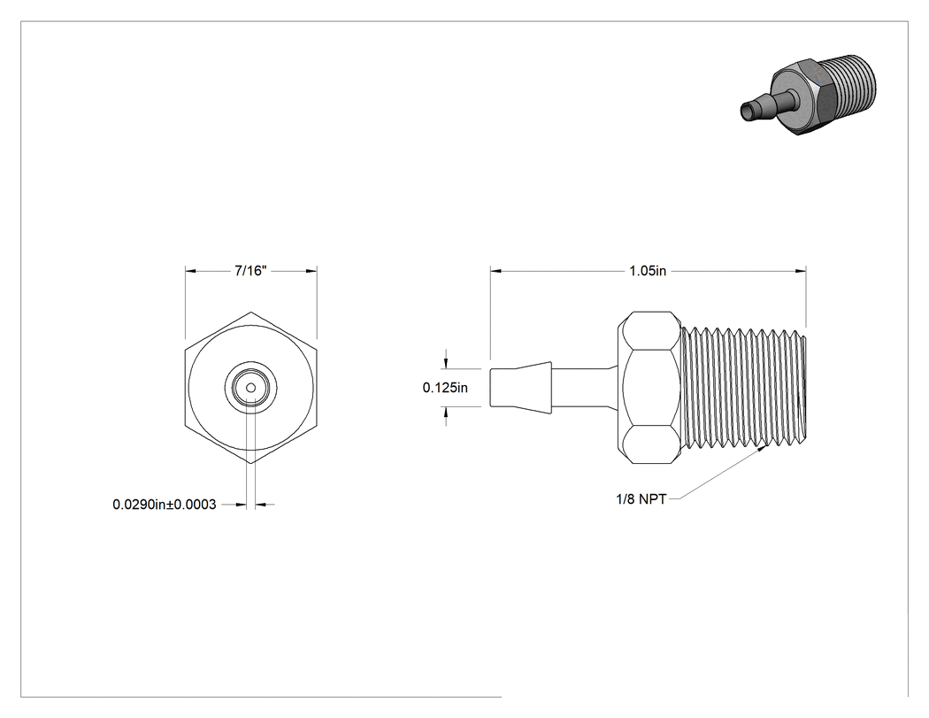 Teknik Çizim - Tırnaklı Bağlantı Parçalı Naylon Delikli Vana, Adaptör, 1/8 NPT Erkek, 1/8" Boru İç Çapı için, 0.029" Çap
