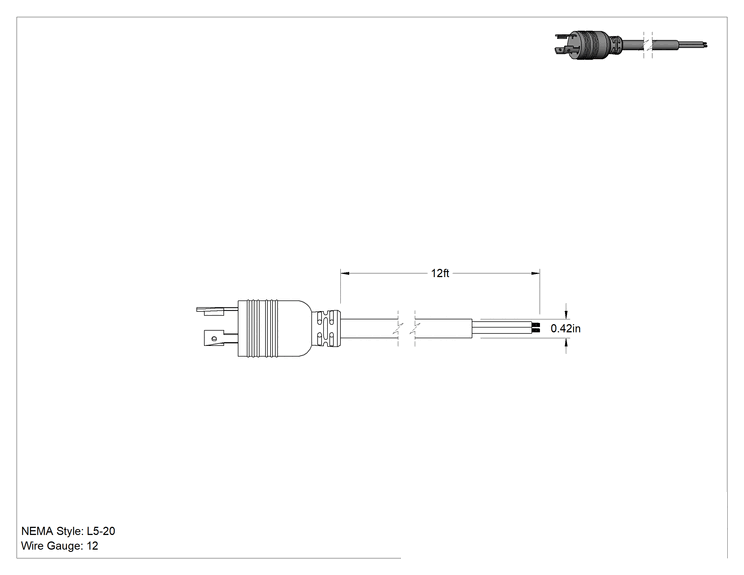 Teknik Çizim - Döndürmeli Kilitli Güç Kablosu, NEMA, L5-20 Fiş x Kablo Uçları, 12 Fit Uzunluk