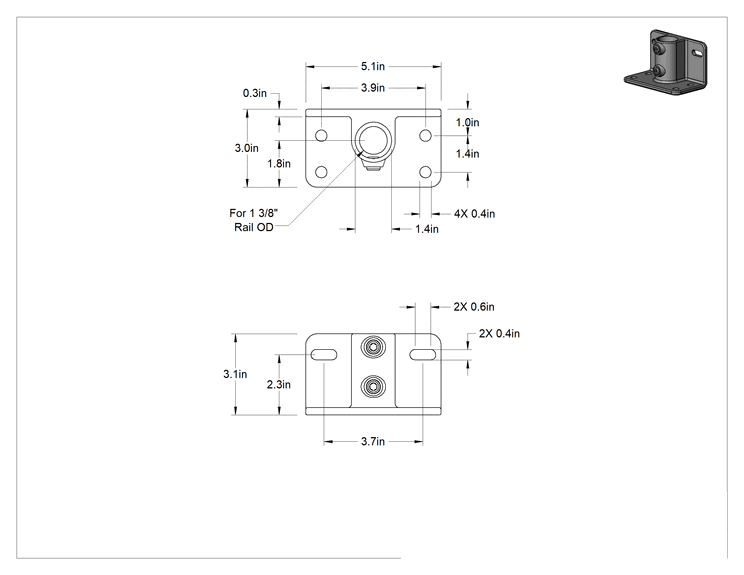 Teknik Çizim - Galvanizli Demir Kayar Ray Bağlantı Parçası, 1-3/8" Ray Dış Çapı için L-Şekilli Ray Ucu