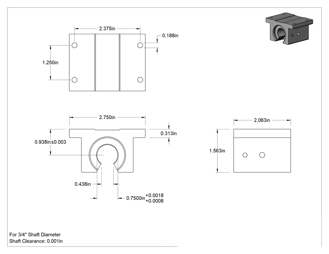 Teknik Çizim - Montajlı Manşonlu Lineer Rulman, 3/4" Çaplı Destek Rayı Milleri için, Sabit Hizalama