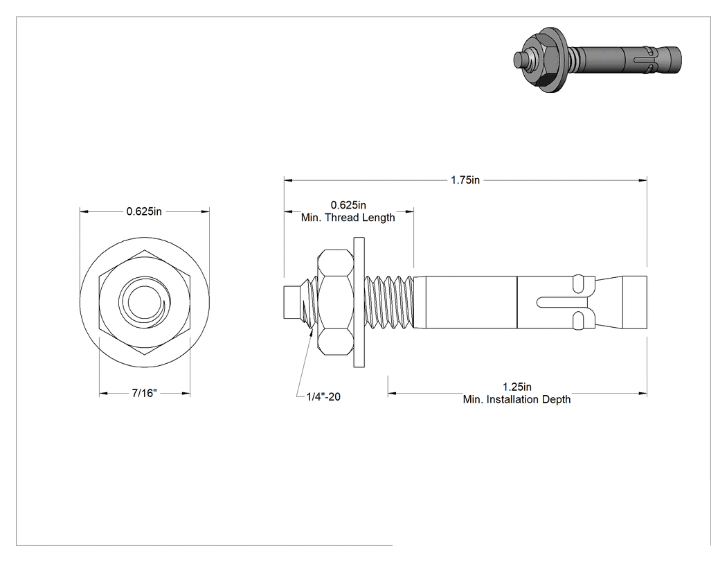 Teknik Çizim - Beton için Galvanizli Çelik Kamalı Dübeller, 1/4" Çap, 1-3/4" Uzunluk