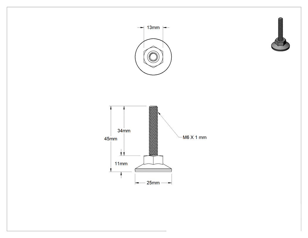 Teknik Çizim - Naylon Tabanlı Sert Seviyeleme Montaj Parçaları, M6 x 1 mm Dişli Çinko Kaplı Çelik Saplama