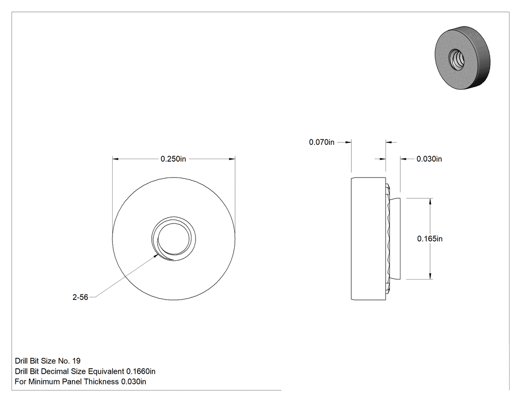 Teknik Çizim - Çinko Kaplı Çelik Sac Metal için Presle Takılan Somun, 2-56 Diş Boyutu, 0.03" Minimum Panel Kalınlığı için