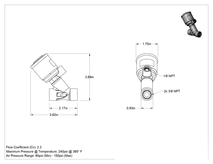 Teknik Çizim - Kompakt Versa-Mount Hava Tahrikli Açma/Kapama Valfi, 3/8 NPT Dişi