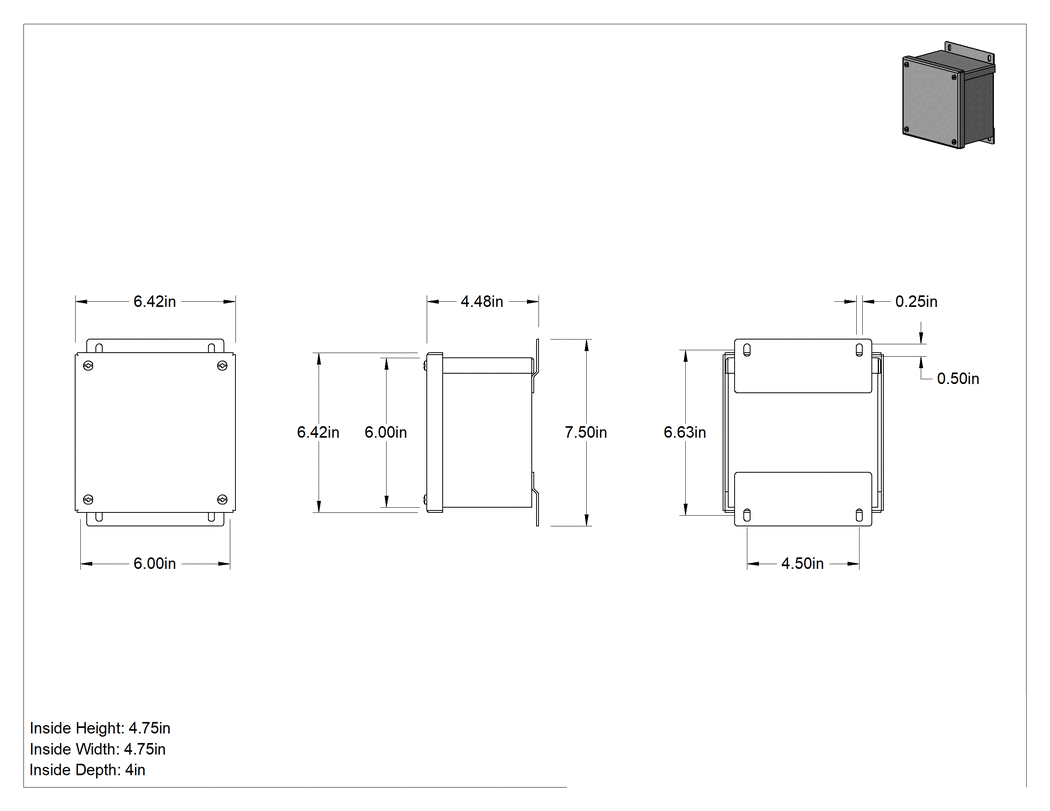 Teknik Çizim - Alüminyum Hava Koşullarına Dayanıklı Muhafaza, Çıkarılabilir Kapaklı, 6" Yükseklik x 6" Genişlik x 4" Derinlik