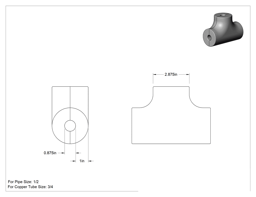 Teknik Çizim - Poliizosiyanürat Köpük Boru Yalıtım Dirseği, T, 1" Kalınlığında Duvar, 7/8" İç Çap