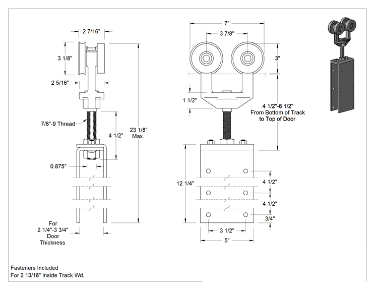 Teknik Çizim - Rulo Rayı için Montaj Plakalı Askı, 2-13/16" İç Ray Genişliği için, Demir