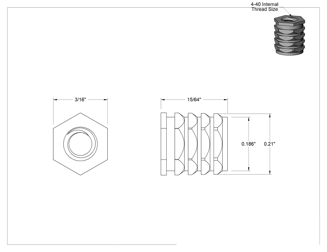 Teknik Çizim - 18-8 Paslanmaz Çelik Bükülmeye Dayanıklı Altıgen Şekilli Ek Parçalar, Plastikler için, 4-40 Diş Boyutu