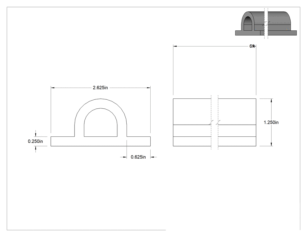 Teknik Çizim - FDA Uyumlu Kabarık Profilli Yüzey Koruyucu, 6 Fit Uzunluk, 2-5/8" Genişlik, 1-1/4" Kalınlık