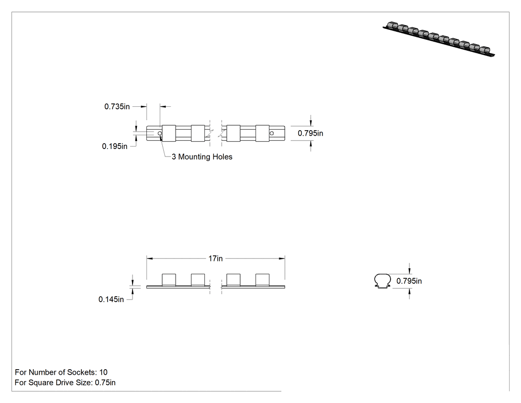 Teknik Çizim - Klipsli Ray Soket Düzenleyici, On adet 3/4" Kare Tırnaklı Lokma için