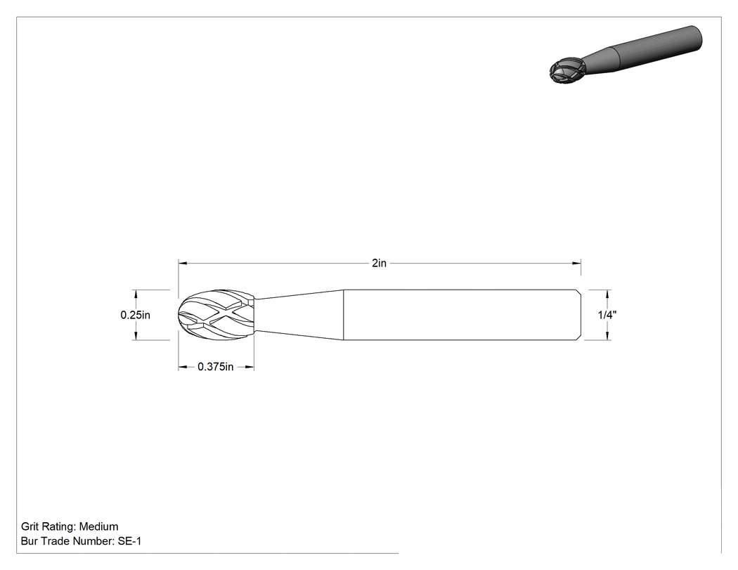 Teknik Çizim - Yumuşak Metaller ve Plastikler için Karbür Frez, Oval, 1/4" Baş Çapı