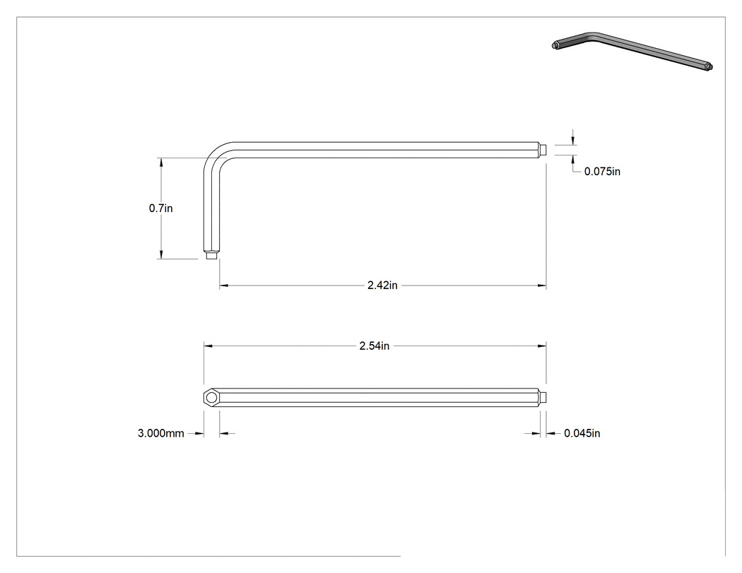 Teknik Çizim - Pilotlu Alaşımlı Çelik Altıgen L Anahtarı, Nikel Kaplı, 3 mm Tahrik Boyutu, 2-9/16" Toplam Uzunluk