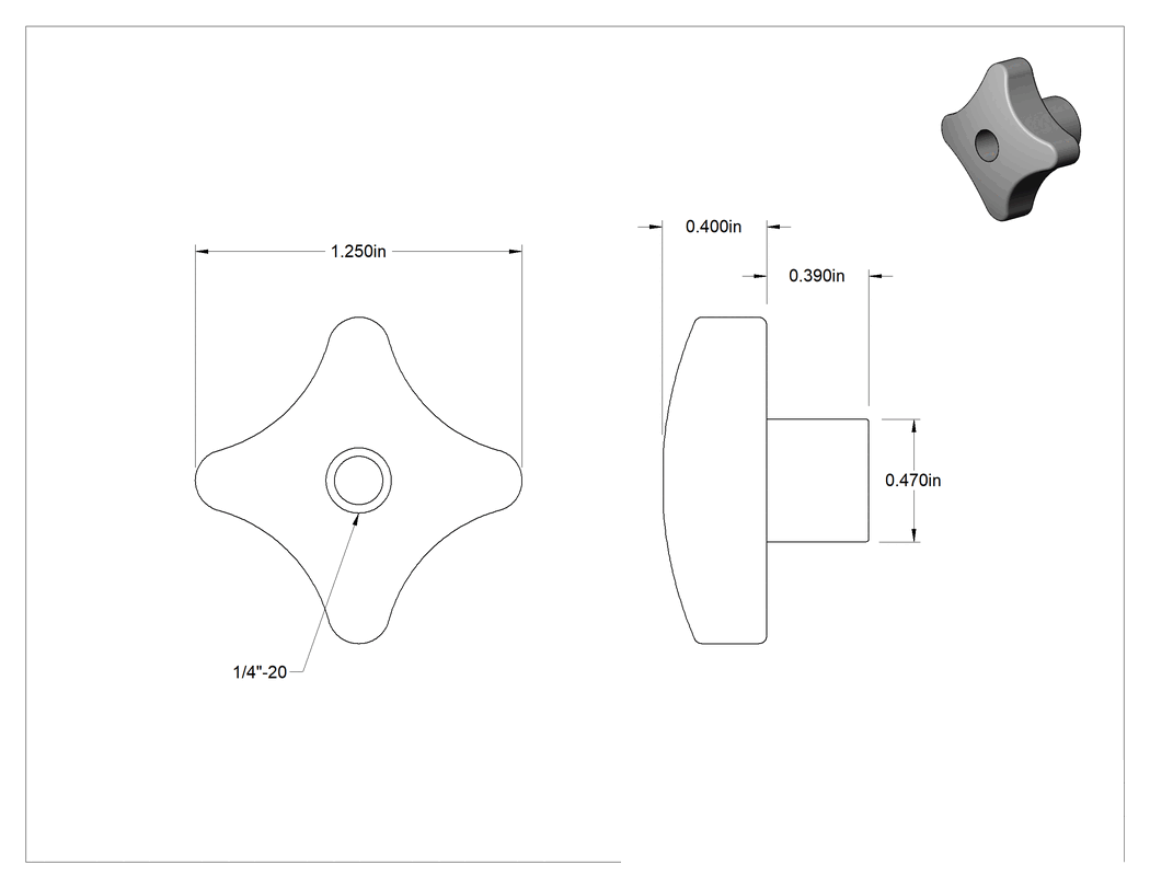 Teknik Çizim - Paslanmaz Çelik Dört Kollu Topuz, 1/4"-20 Dişli Delik