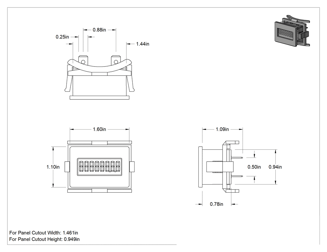 Teknik Çizim - Elektrikle Çalışan Sayaç, Panele Monte, Klipsli, Çatal Terminalleri, 1.1 inç Toplam Yükseklik