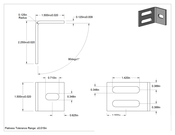 Teknik Çizim - Köşe Makine Braketi, 3 Montaj Yuvası, 6061 Alüminyum, 1-1/2" x 2-1/4" x 1-1/2"