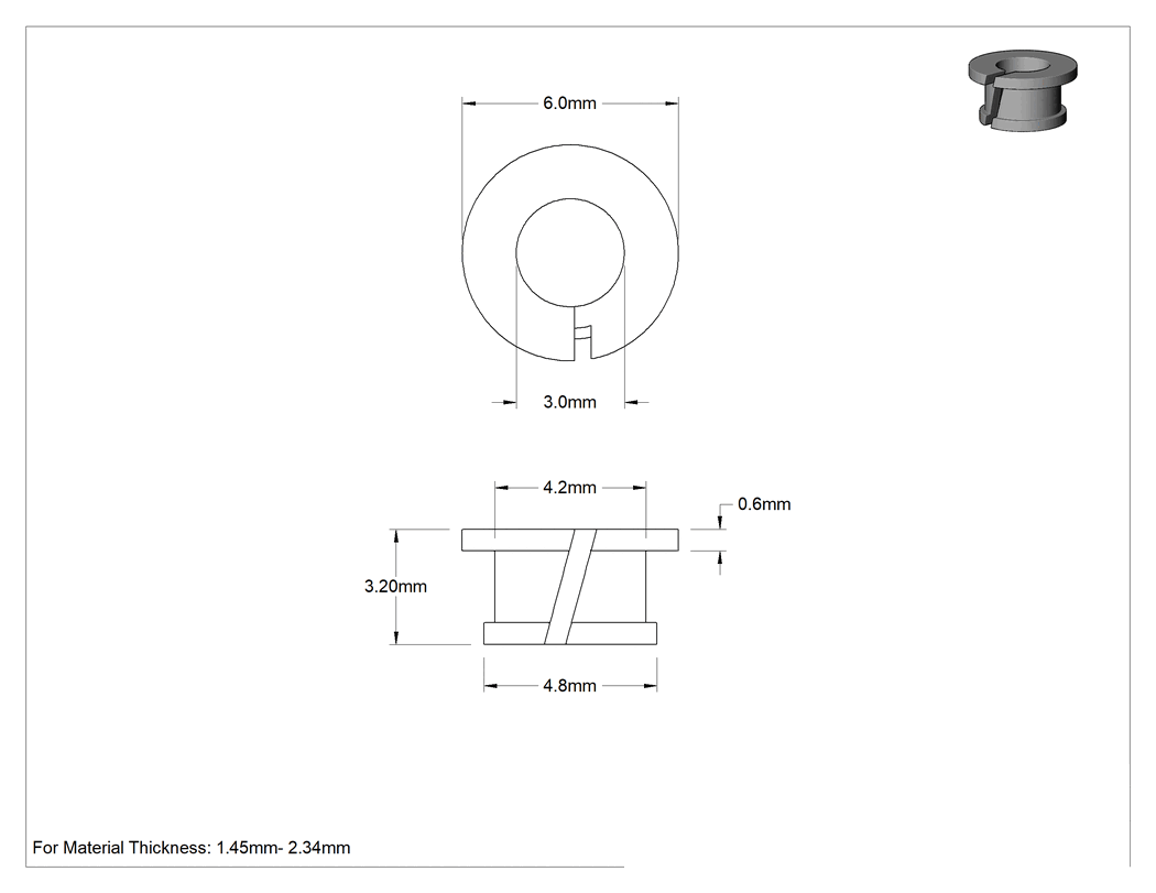 Teknik Çizim - MDS Takviyeli Naylon Mil Grometi, 4.2 mm Delik Çapı ve 1.45 mm ila 2.34 mm Malzeme Kalınlığı için