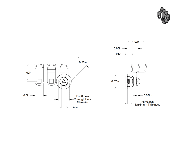 Teknik Çizim - Minyatür Üçgen Tahrikli Kam Kilitleri, Krom Kaplı Çinko, Maksimum 5/32 inç Kalınlık