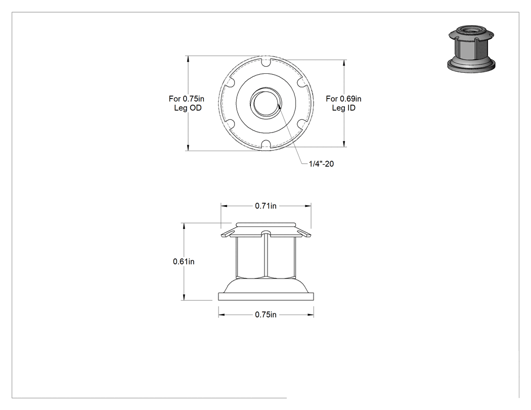 Teknik Çizim - Presle Takılan Tesviye Montaj Ek Parçaları, 11/16" İç Çaplı Yuvarlak Boru Ayak için, 1/4"-20 Diş