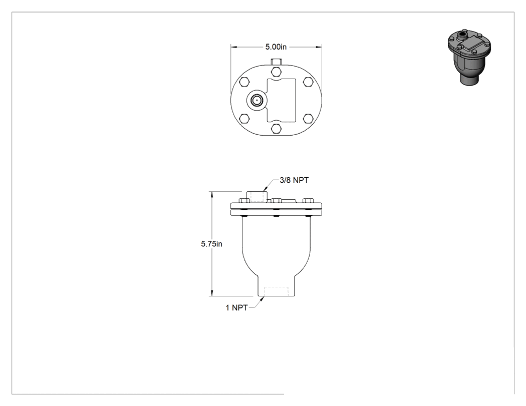 Teknik Çizim - Su için Uzaktan Tahliye Hava Tahliye Vanası, 1 NPT Dişi Giriş, 3/8 NPT Dişi Tahliye Portu