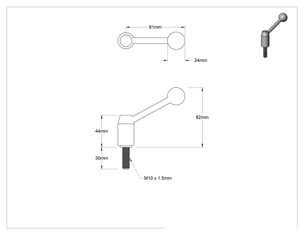 Teknik Çizim - Çelik Ayarlanabilir Tutamak, M10 x 1.5 mm Dişli 30 mm Uzunlukta Saplama ile, 82 mm Çıkıntı