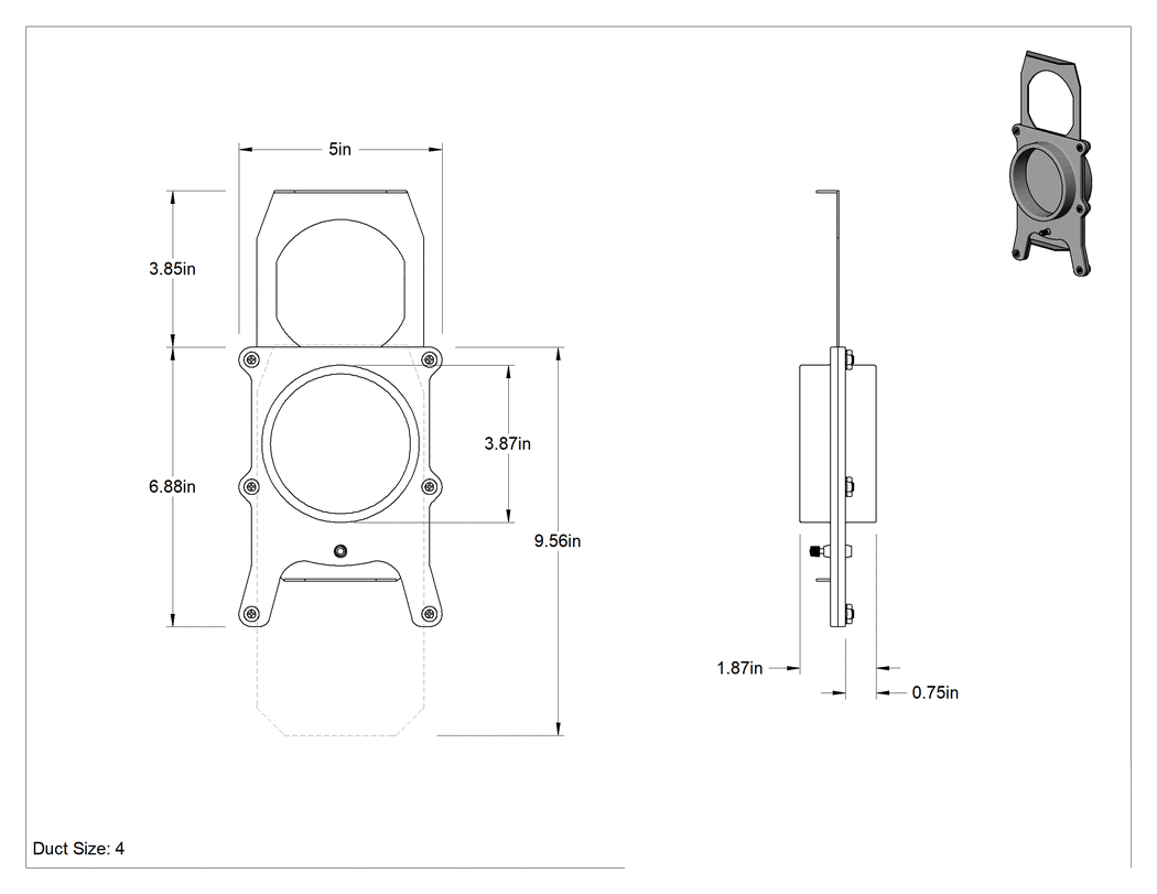 Teknik Çizim - 304 Paslanmaz Çelik Sürgülü Alüminyum Patlama Kapısı, Kendi Kendini Temizleyen, Kanal Boyutu 4, 3-7/8" Erkek Dış Çap