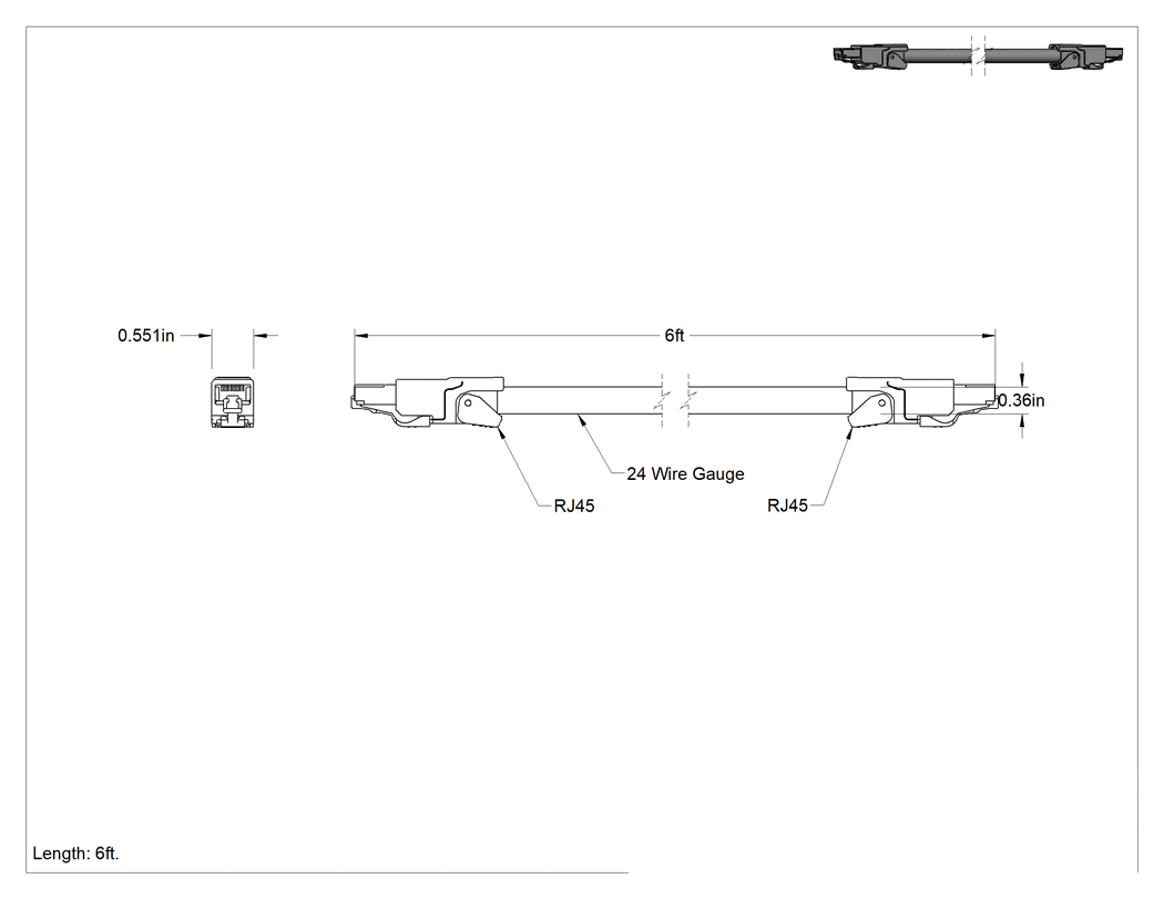 Teknik Çizim - Sürekli Esnek Ethernet Kablosu, Kategori 6A, 6 Fit Uzunluk, 24 AWG