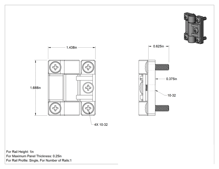 Teknik Çizim - T-Yivli Çerçeve, 1" Yüksekliğinde Ray için Ray-Panel Menteşesi, Siyah