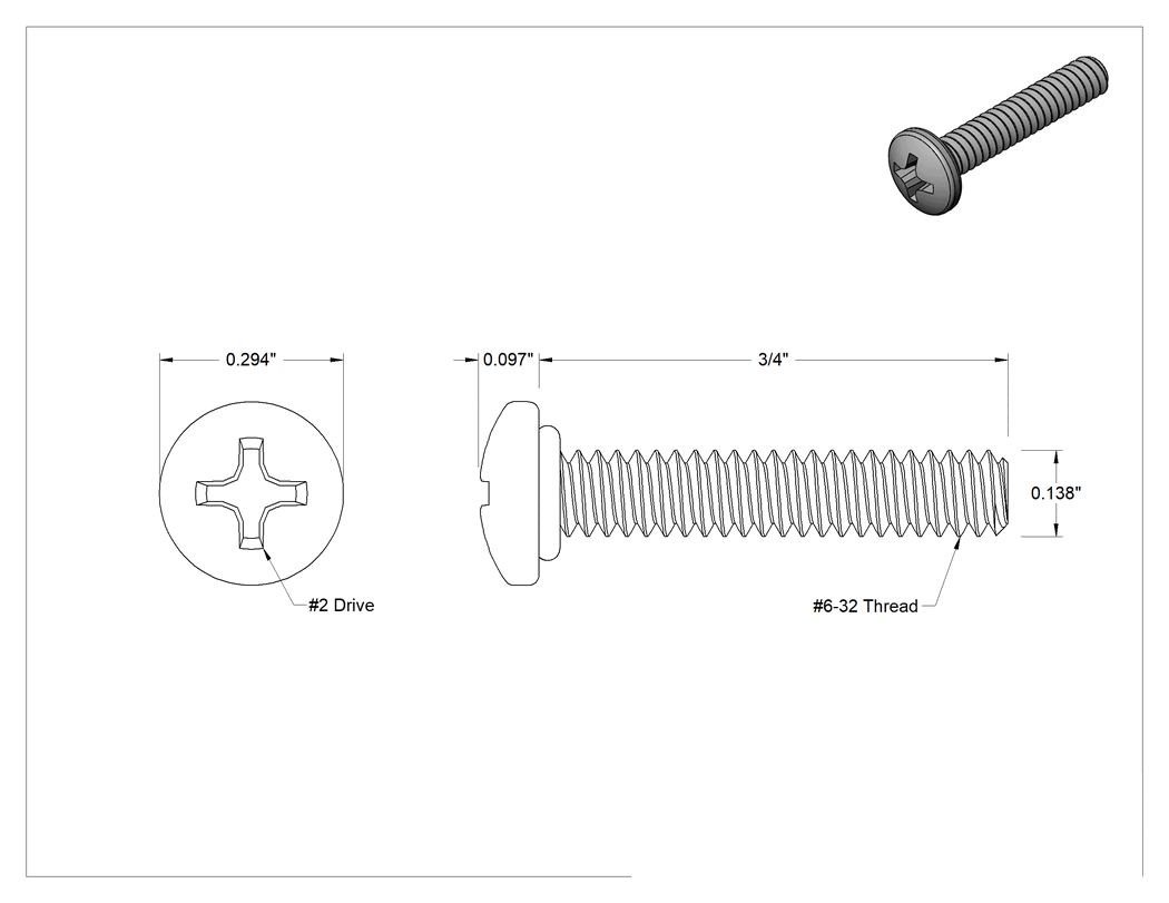 Teknik Çizim - Sızdırmaz Silindir Başlı Vidalar, Floroelastomer Kauçuk O-Ringli, 6-32 Diş, 3/4" Uzunluk