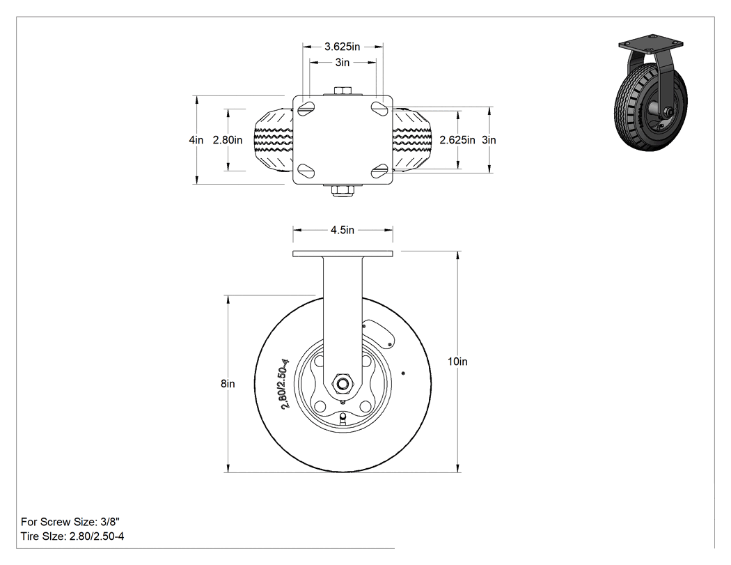 Teknik Çizim - 4-1/2" x 4" Plakalı Tekerlek, 8" Çapında Siyah Kauçuk Pnömatik Tekerlekli Sert