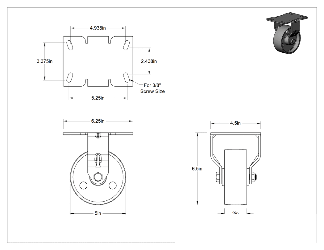 Teknik Çizim - 6-1/4" x 4-1/2" Plakalı Yüksek Kapasiteli Mauler Tekerlek, 5" Çaplı Metal Tekerlekli Sert
