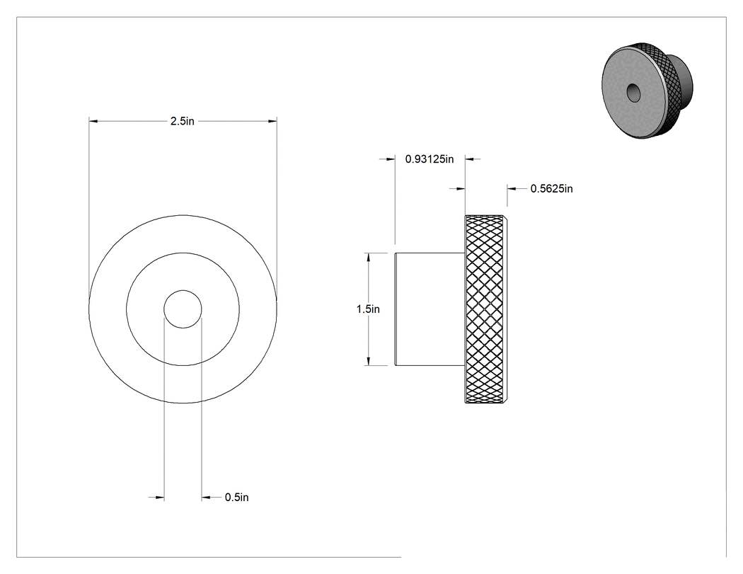 Teknik Çizim - Siyah Oksit Çelik Tırtıllı Tutma Düğmesi, 1/2" Çaplı Delikli
