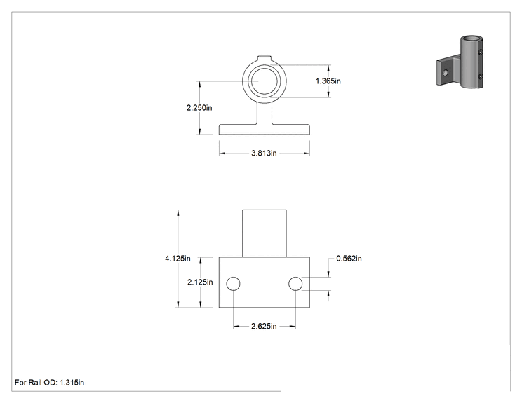 Teknik Çizim - Alüminyum Giydirme Bağlantı Parçası, 1-3/8" Ray Dış Çapı için Dikdörtgen Flanşlı Ray Ucu