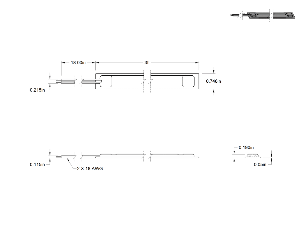Teknik Çizim - Düşük Profilli Şerit Anahtar, 3 Fit Uzunluk x 3/4" Genişlik, Gri