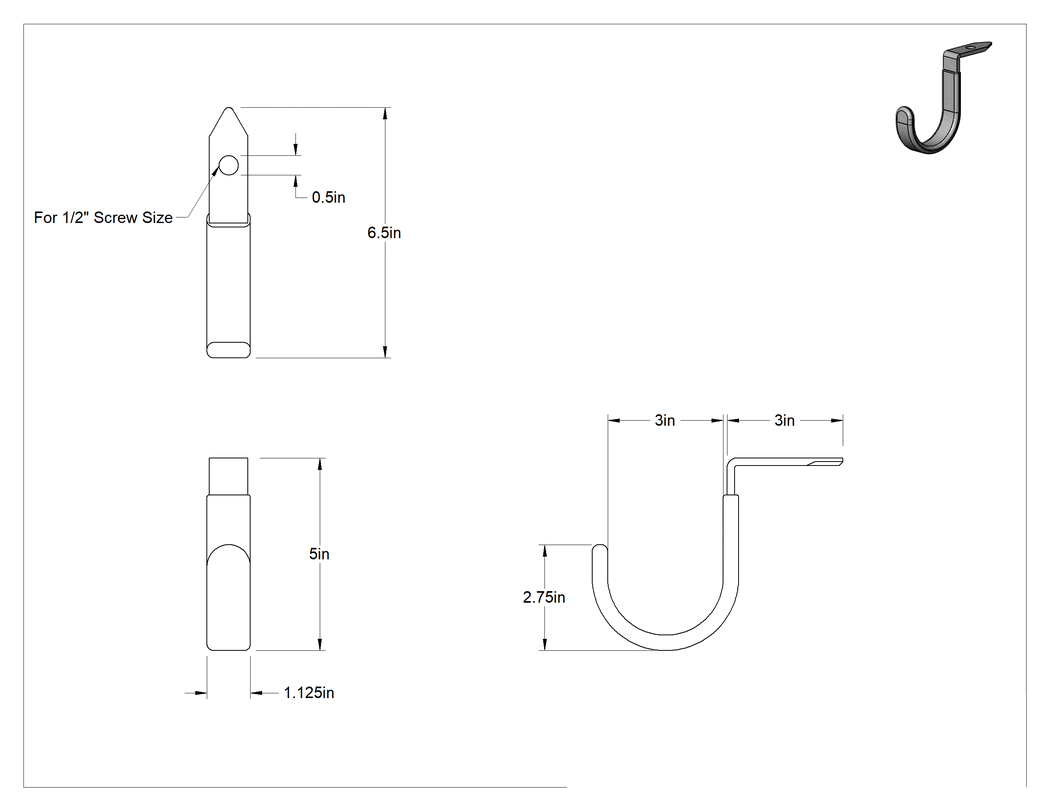 Teknik Çizim - Vinil Kaplı Asma Kancası, Alt Montaj, 1-1/8" Genişlik x 5" Yükseklik x 6-1/2" Toplam Derinlik