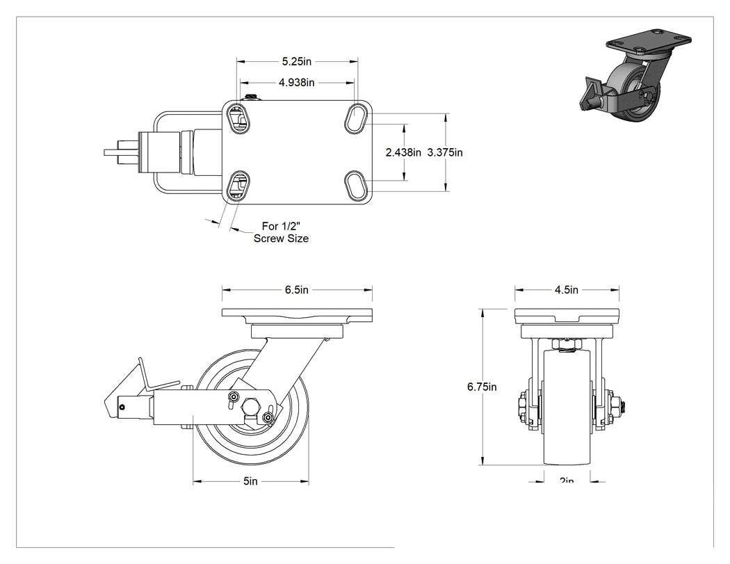 Teknik Çizim - 6-1/2" x 4-1/2" Plakalı Yüksek Kapasiteli Kingston Tekerlek, Frenli Döner Tekerlek ve 5" Çaplı Mavi Poliüretan Tekerlek