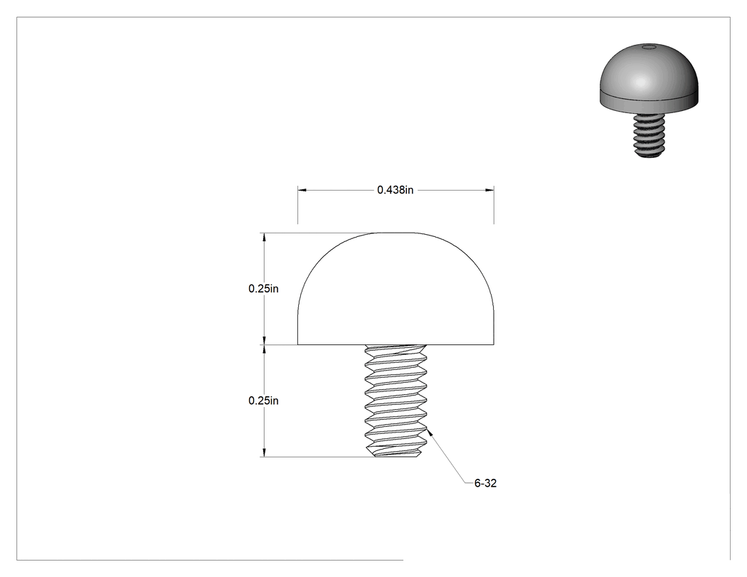 Teknik Çizim - Dişli Saplama Tamponu, SBR, 6-32 Diş Boyutu, 1/4" Diş Uzunluğu, 7/16" Dış Çap, Durometre 60A