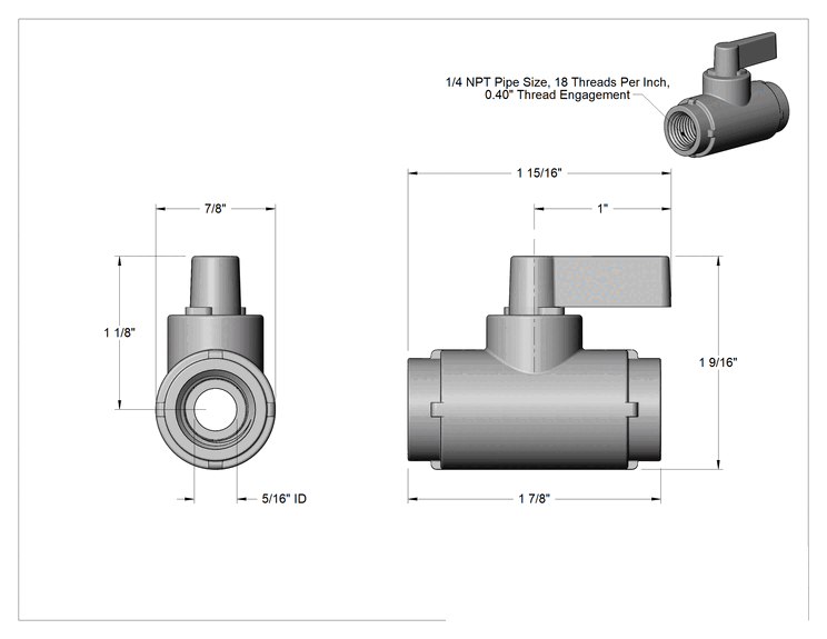 Teknik Çizim - Koyu Gri PVC Açma/Kapama Vanası, Kompakt, Siyah, 1/4 NPT Dişi x 1/4 NPT Dişi, 2.9 Cv