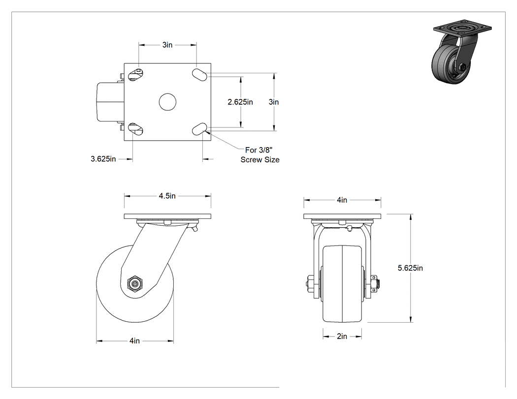 Teknik Çizim - 4-1/2" x 4" Plakalı Yüksek Kapasiteli Spartan Tekerlek, 4" Çapında Açık Rulmanlı Fenolik Tekerlekli Döner Tekerlek