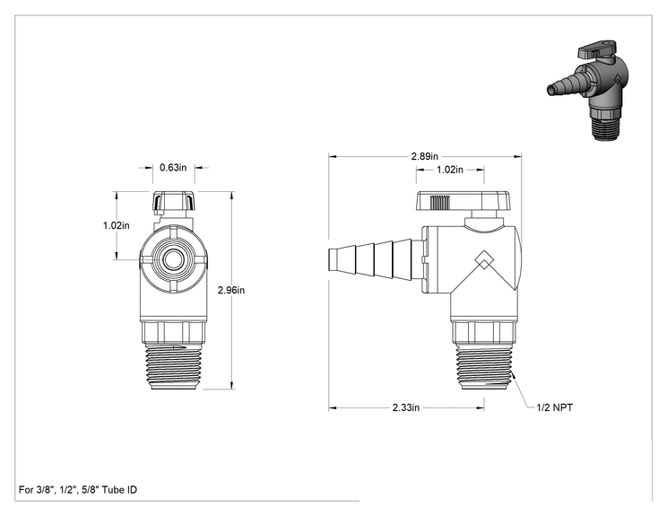 Teknik Çizim - Gri PVC Açma/Kapama Vanası, Dirsek, 1/2 NPT Erkek, 3/8", 1/2" ve 5/8" boru iç çapı