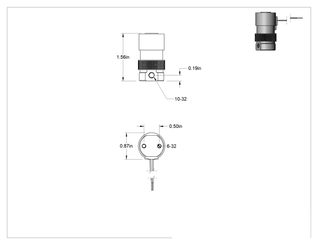 Teknik Çizim - Kompakt Solenoid Akış Ayar Valfi, Arıza Durumunda Kapalı, 12V DC, 10-32 Dişli Dişi