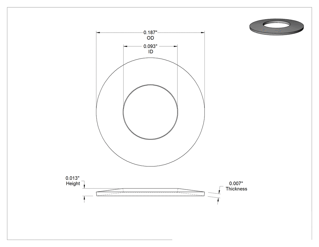 Teknik Çizim - Paslanma ve Aşınmaya Dayanıklı Belleville Disk Yayı, 3/32" Mil Çapı için, 0.093" İç Çap, 0.187" Dış Çap, 0.0070" Kalınlık