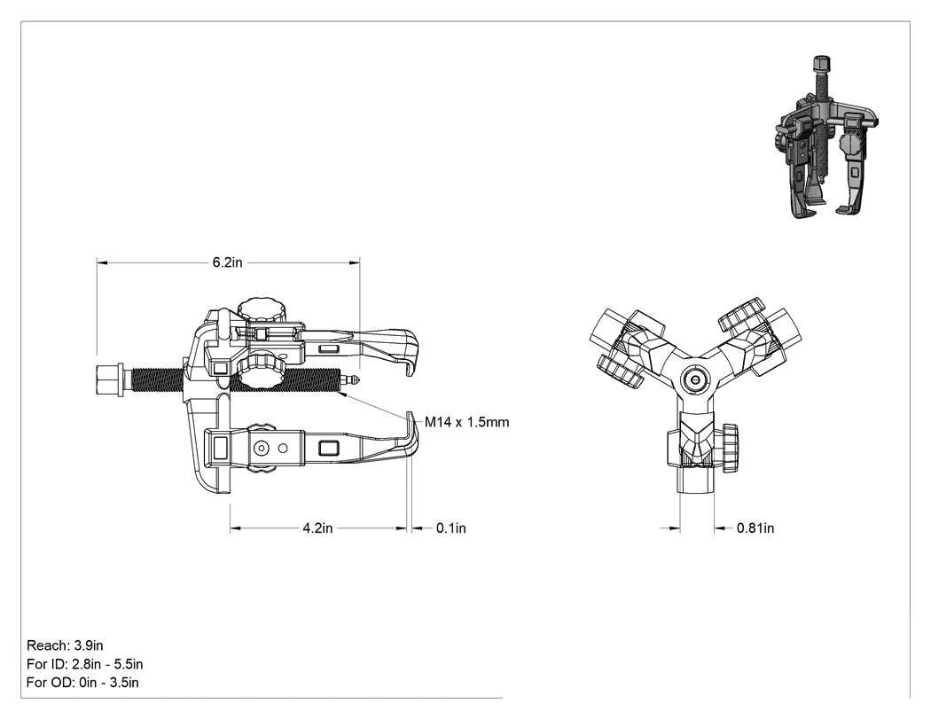 Teknik Çizim - Çift Yönlü Çeneli Dış/İç Kavrama Çekici, Standart Profil Çubuk Kontrolü, 3 Çene, 2-3/4" ila 5-1/2" iç çap için