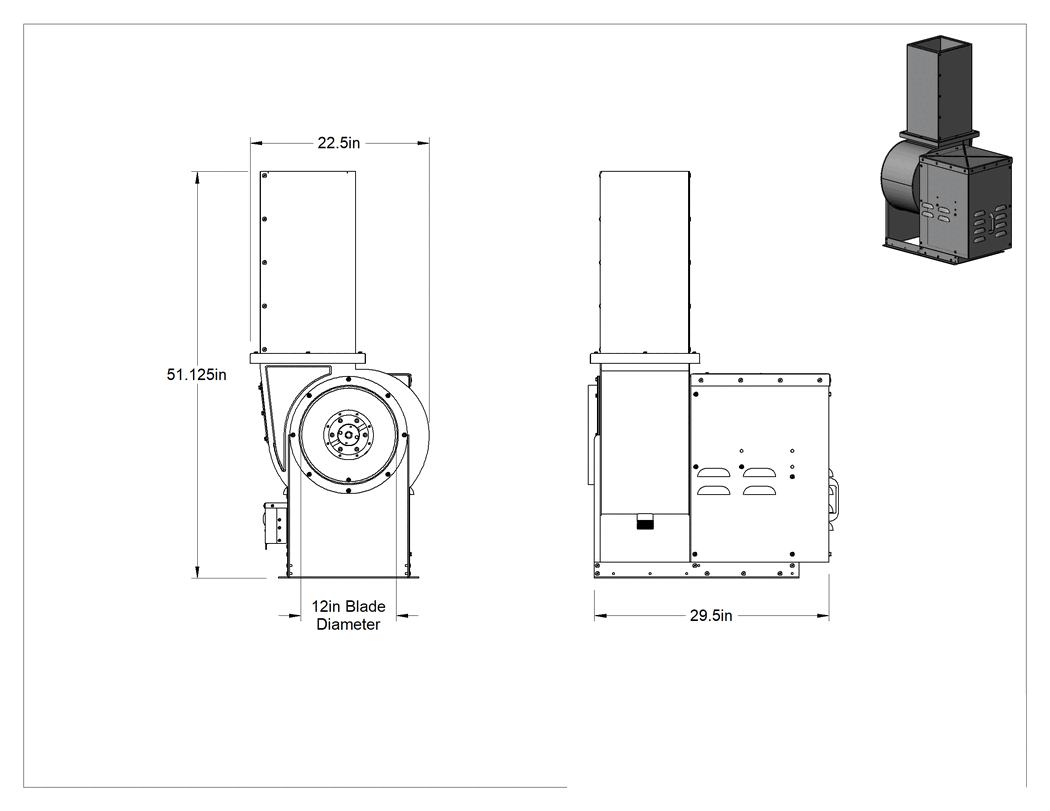 Teknik Çizim - Doğrudan Tahrikli Egzoz Fanı, Tamamen Kapalı Motor Muhafazası, 12" Bıçak Çapı
