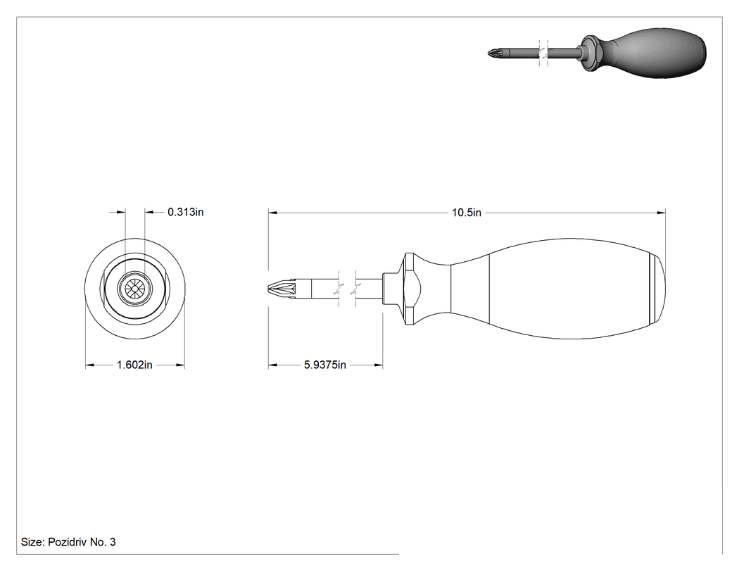 Teknik Çizim - Tornavida, 3 Sayı Pozidriv®, 10-5/8" Toplam Uzunluk