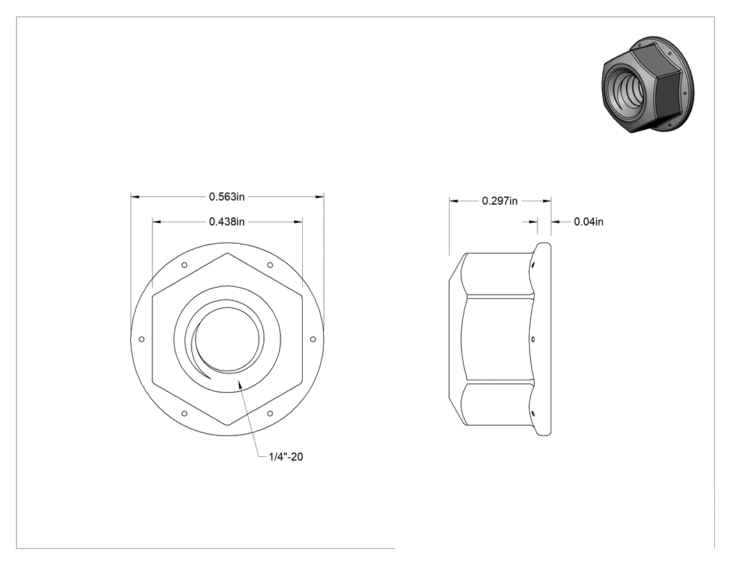 Teknik Çizim - Yüksek Mukavemetli Çelik Deforme Edilmiş Dişli Flanşlı Somun, Sarı Kromat Kaplamalı Çinko, 1/4"-20 Diş Boyutu