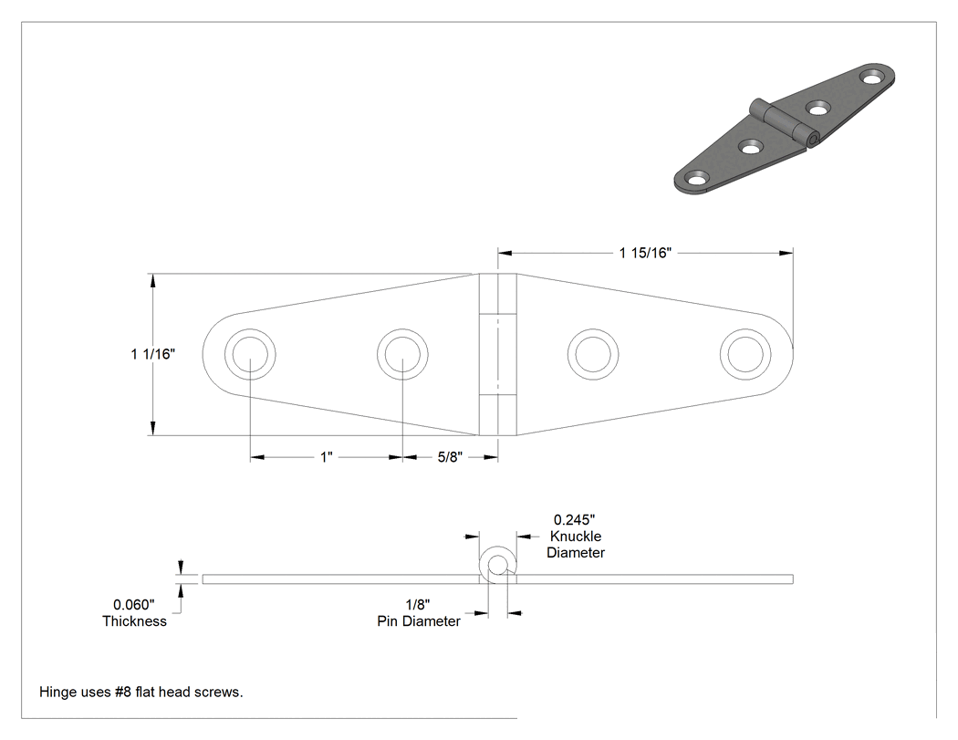 Teknik Çizim - Kayış Menteşesi, Parlatılmış 304 Paslanmaz Çelik, 1-1/16" x 1-15/16" Kapı Kanadı